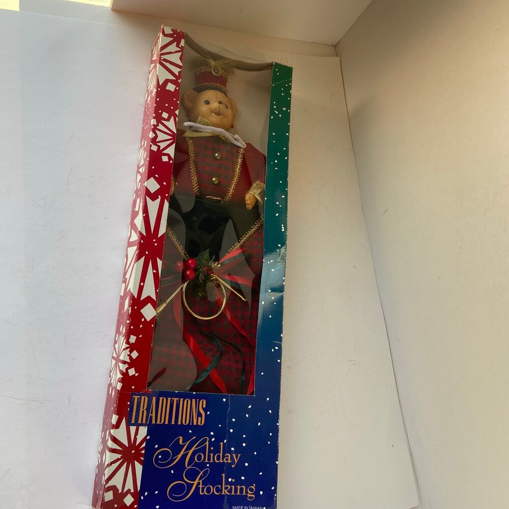 Traditions Holiday Stocking Teddy Bear Resin Vintage 3D Christmas Taiwan Box NOS